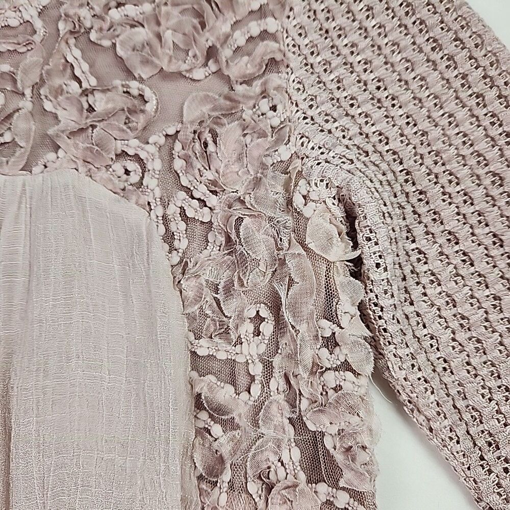 Feratelli Long Sleeve Floral Applique Tunic Lace Top Pink Blouse Shirt Small - Picture 9 of 13